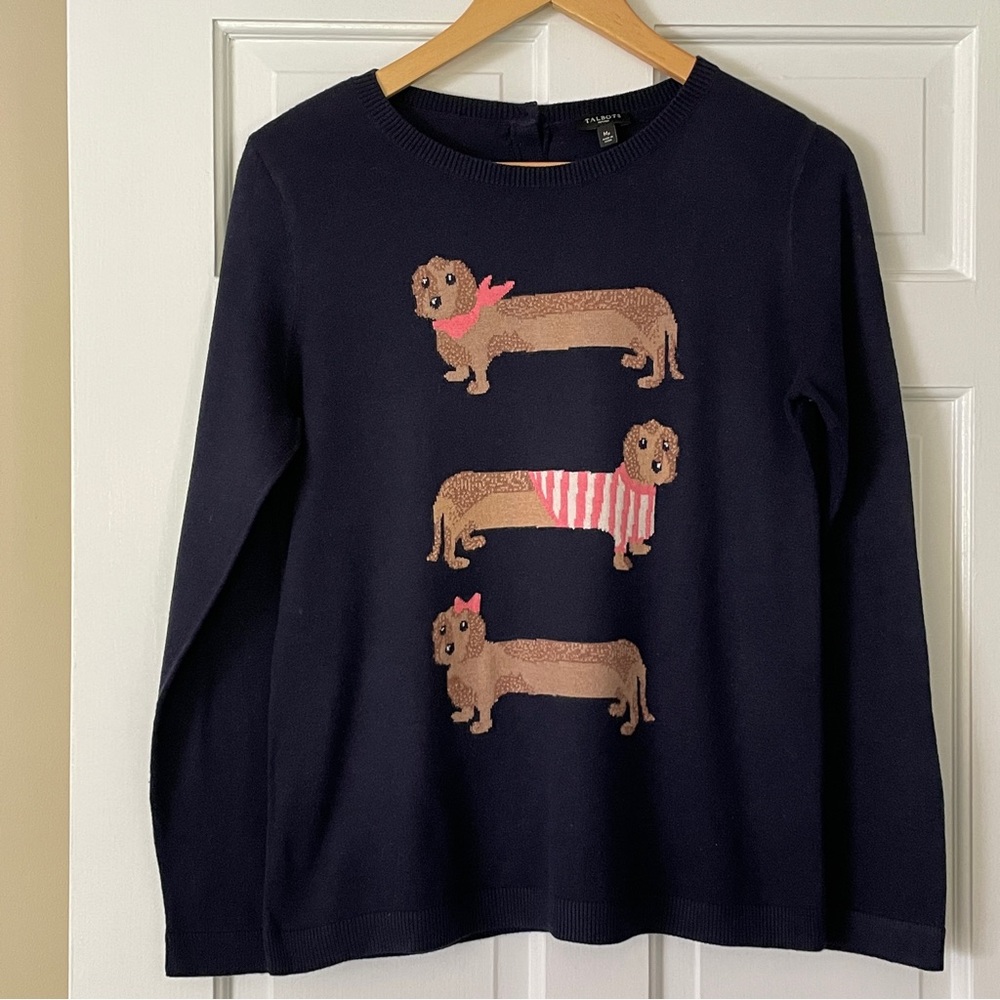 Talbots Navy Dachshund with Pink/White Stripes Light Sweater size MP